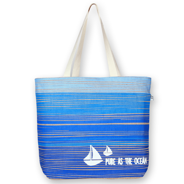 Blue As Ocean - Juton Natural | Juton Large Zipper Tote Bag | EcoRight Bags